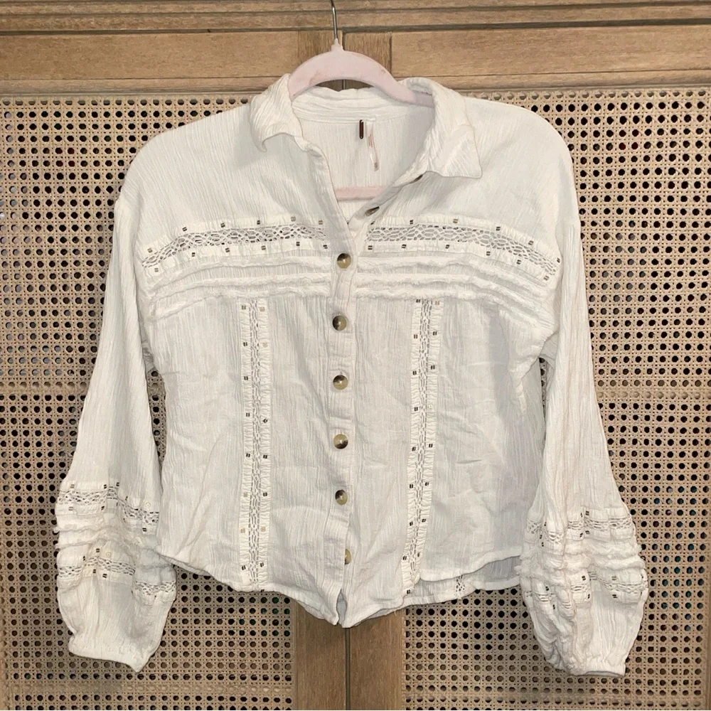 Free People Embroidered Summer Stars Ranch Style Button-Up Ivory Gauze Top XS